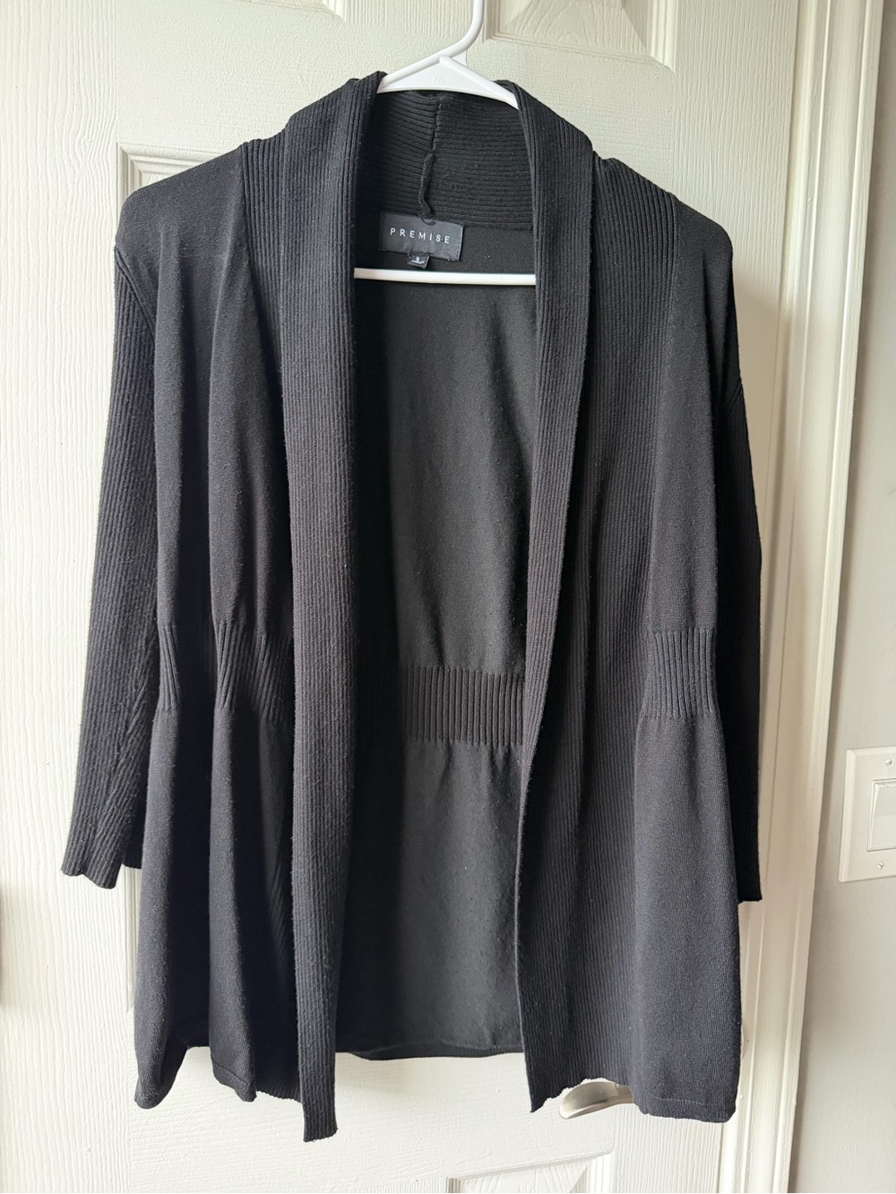 Premise Black Open-Front Ribbed-Trim Cardigan